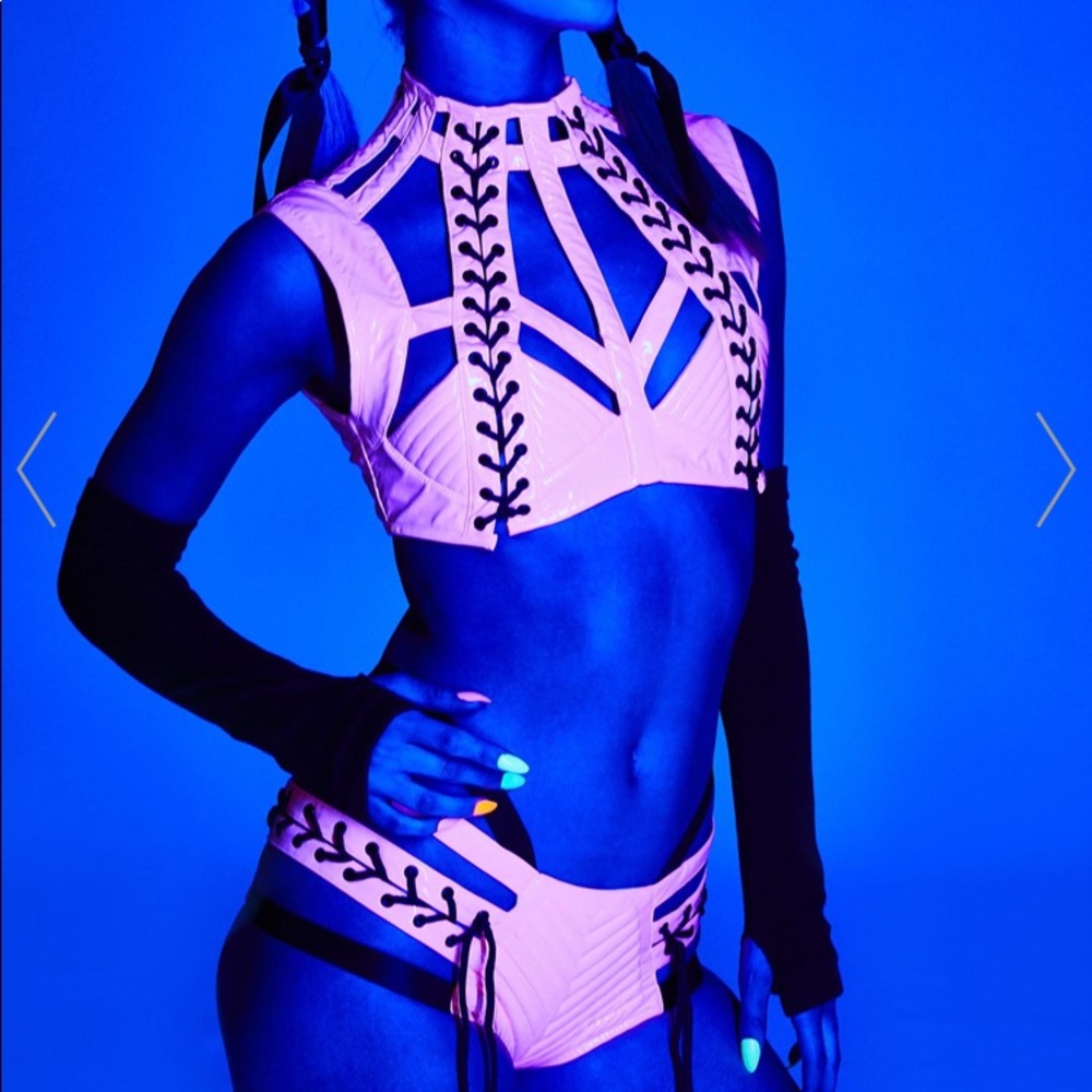 Two piece neon pink patent pvc dollskill set